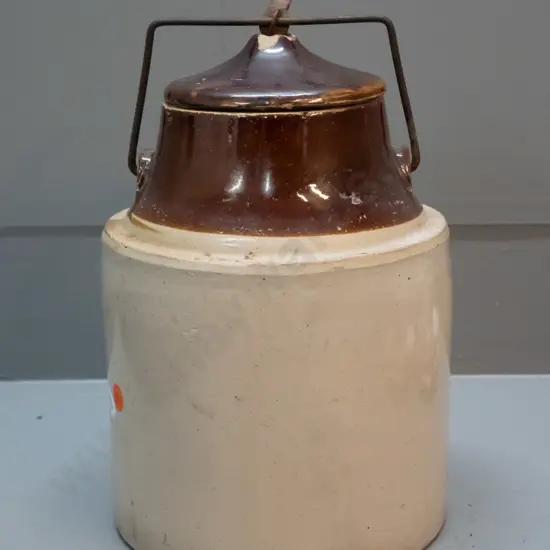 vintage salt glazed crock - some chips around lid and metal catch H-260 with handle up D-170