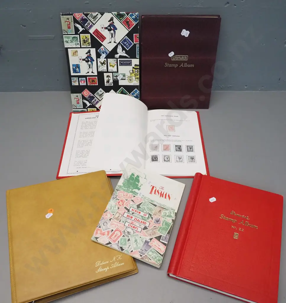 6 stamp albums and a stock book  - mainly New Zealand, dates from 1870s thru 1980s Image 1++