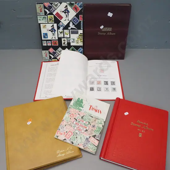 6 stamp albums and a stock book  - mainly New Zealand, dates from 1870s thru 1980s