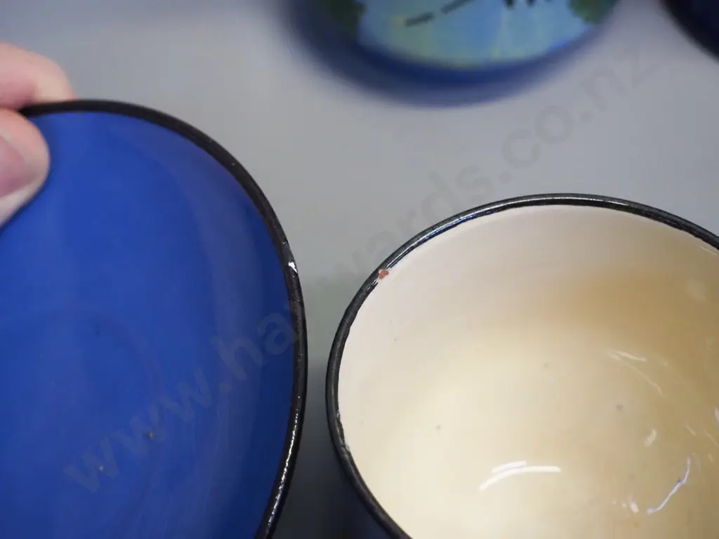 pieces Torquay ware pottery - Longpark kingfisher vase, Barton vase, another vase H-155, cup & saucer. Some small chips, Image 1++