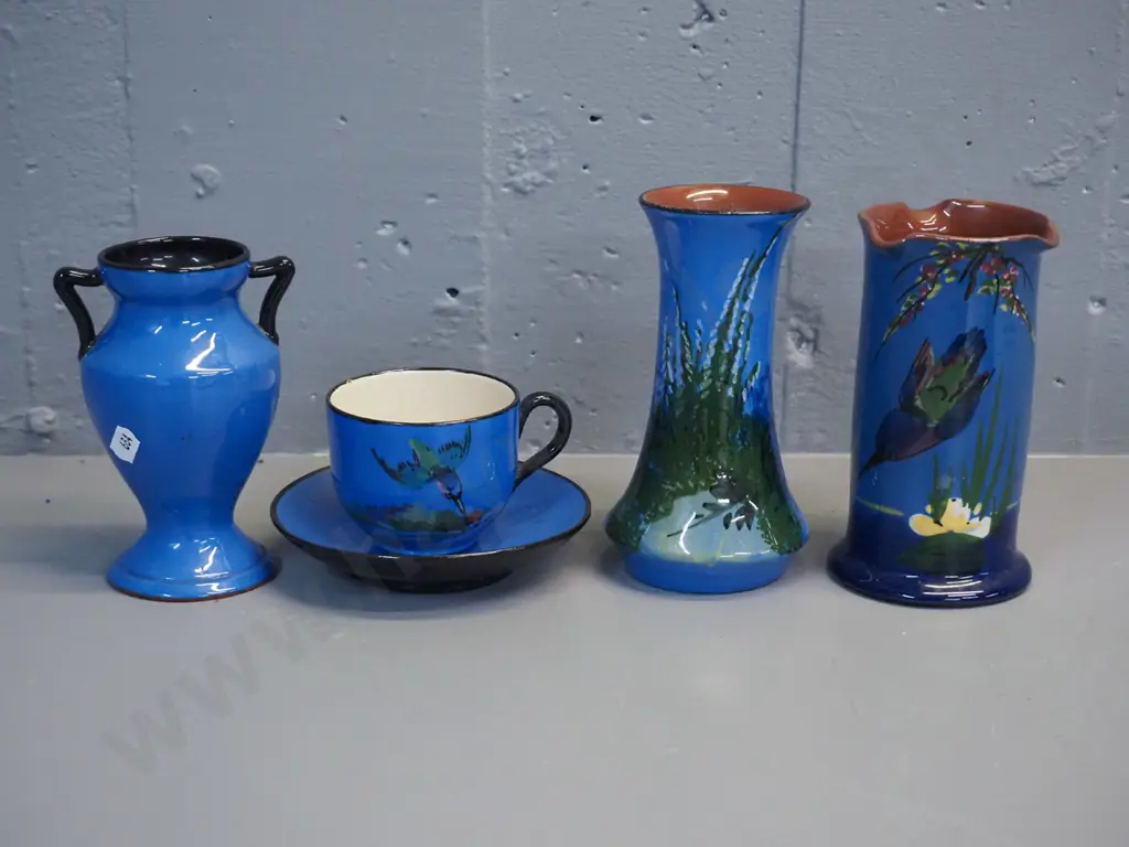 pieces Torquay ware pottery - Longpark kingfisher vase, Barton vase, another vase H-155, cup & saucer. Some small chips, Image 1++