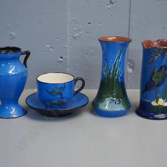 pieces Torquay ware pottery - Longpark kingfisher vase, Barton vase, another vase H-155, cup & saucer. Some small chips,