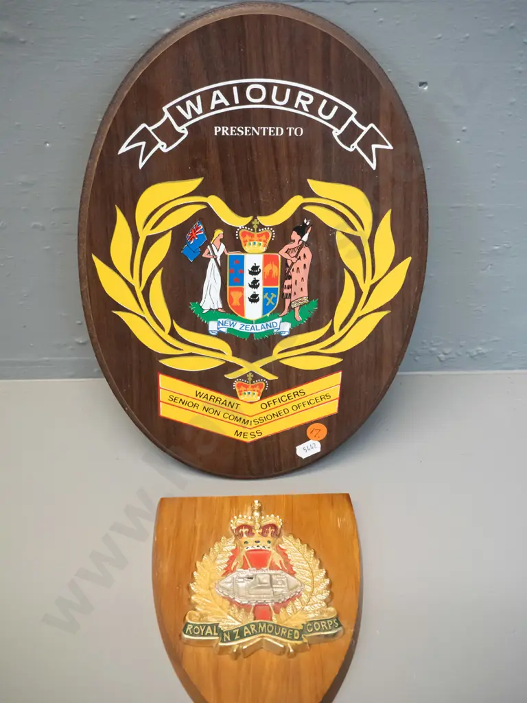 4 military crest timber wall plaques: RNZ Armoured Corp, Irish Guards, Waiouru Warrant Officers H-320 W-220 etc. Image 1++