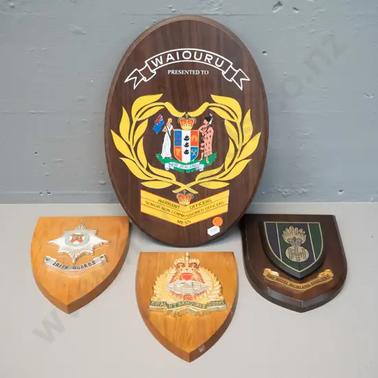 4 military crest timber wall plaques: RNZ Armoured Corp, Irish Guards, Waiouru Warrant Officers H-320 W-220 etc.