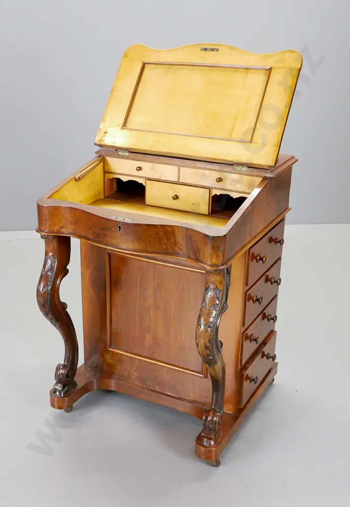 antique rosewood Davenport desk w/ 4 drawers, key escutcheons but no key, brass gallery top, tooled leather insert H870 Image 1++