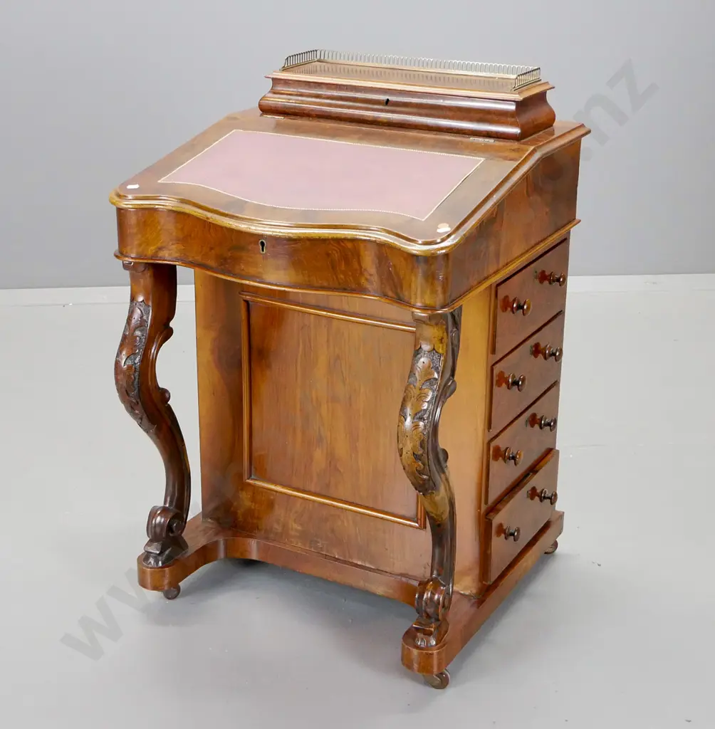 antique rosewood Davenport desk w/ 4 drawers, key escutcheons but no key, brass gallery top, tooled leather insert H870 Image 1++