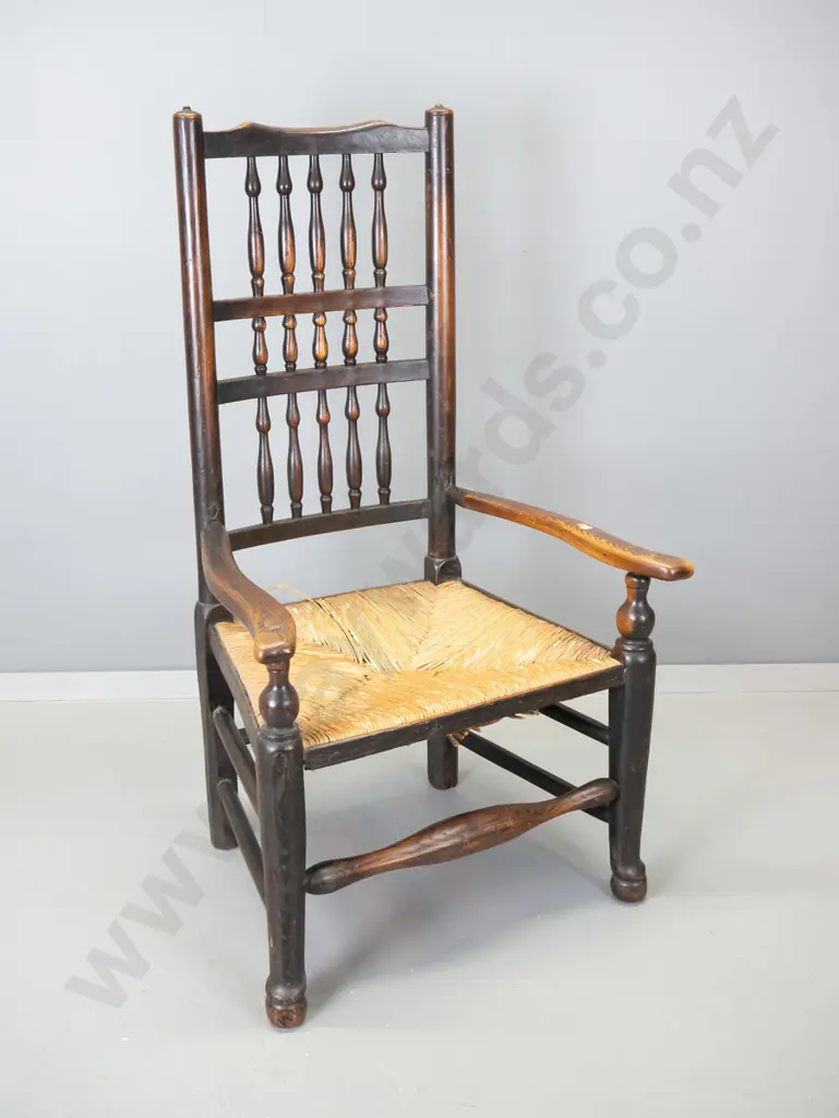 antique oak framed spindle back cottage chair, minor loss to hand-woven seagrass seat H-1010 W-555 D-420 Image 1++