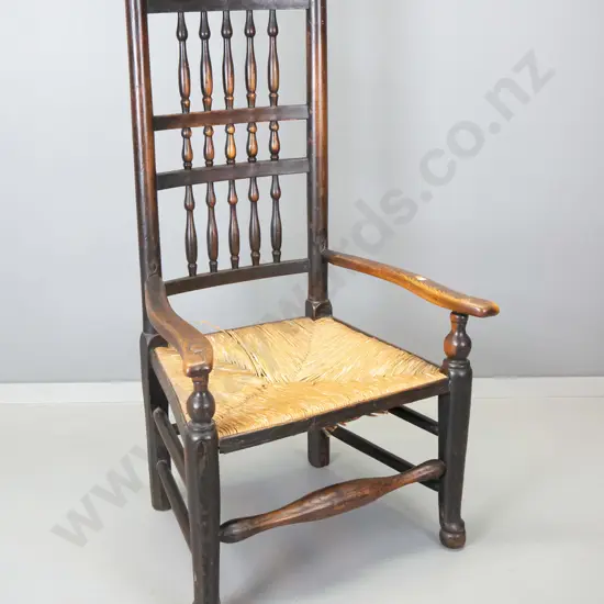 antique oak framed spindle back cottage chair, minor loss to hand-woven seagrass seat H-1010 W-555 D-420