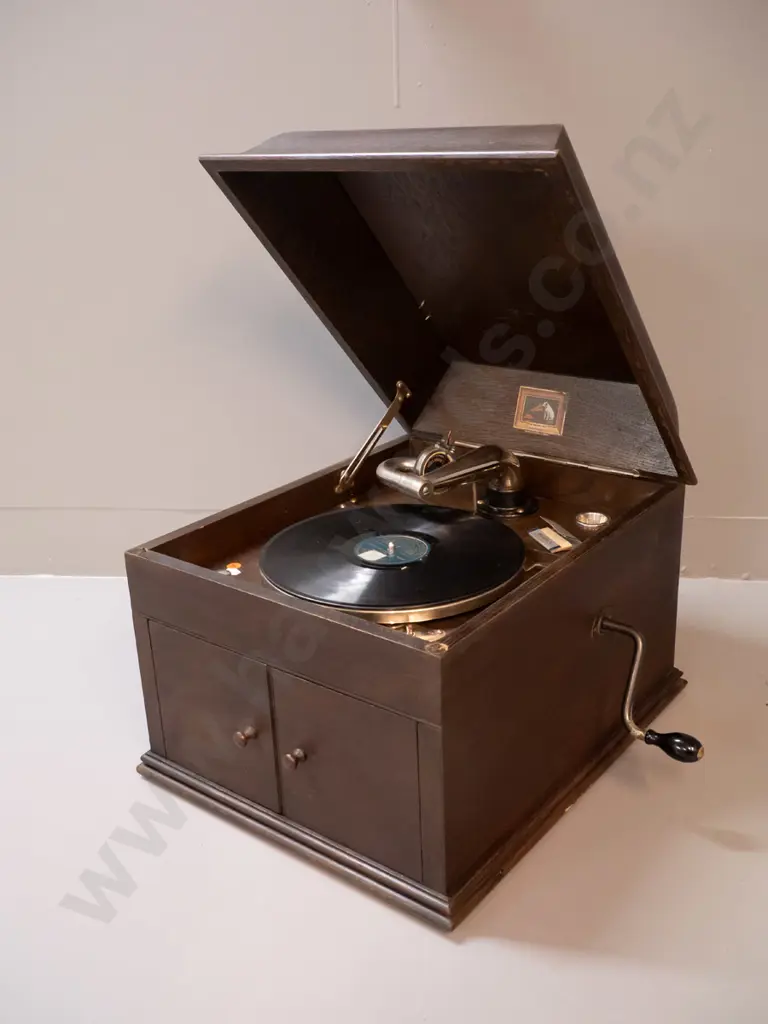 vintage oak-cased tabletop hand-wind HMV gramophone - working, includes a few needles & one record. Case H340 W370 D450 Image 1++