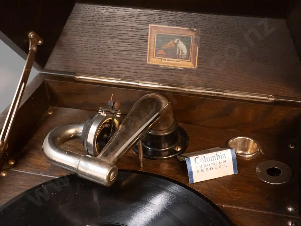 vintage oak-cased tabletop hand-wind HMV gramophone - working, includes a few needles & one record. Case H340 W370 D450 Image 1++