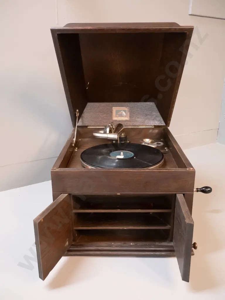 vintage oak-cased tabletop hand-wind HMV gramophone - working, includes a few needles & one record. Case H340 W370 D450 Image 1++