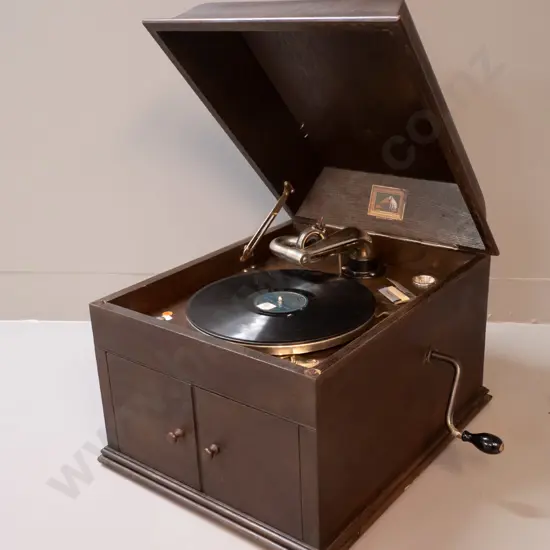 vintage oak-cased tabletop hand-wind HMV gramophone - working, includes a few needles & one record. Case H340 W370 D450