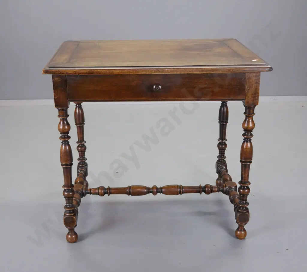 vintage mahogany small writing desk with turned stretcher base, drawer w/ timber knob H720 W790 D590 Image 1++