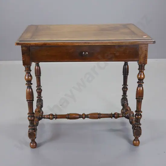 vintage mahogany small writing desk with turned stretcher base, drawer w/ timber knob H720 W790 D590