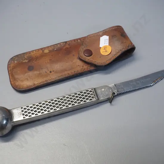 Puma German combination angler's pocket knife & "priest" with weigh scale markings, leather pouch, L-240 opened out