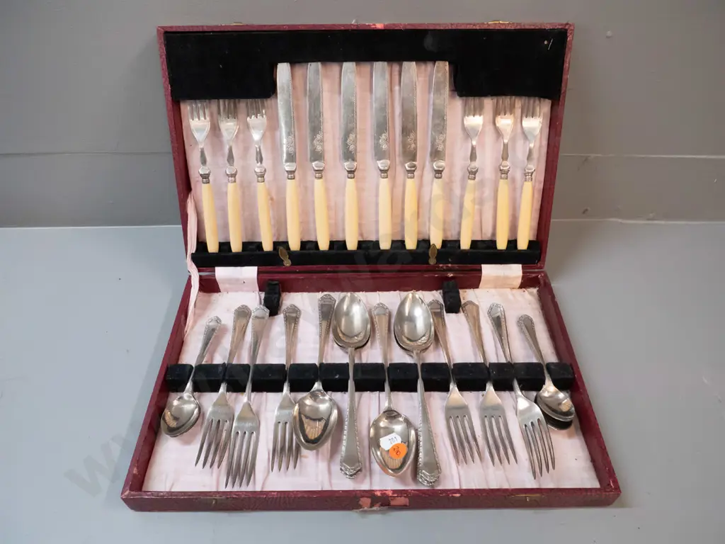 wooden canteen with mixed cutlery - set of ivorine handled fish knives & forks and assorted plated items Image 1++