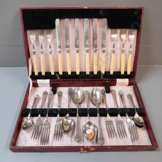 wooden canteen with mixed cutlery - set of ivorine handled fish knives & forks and assorted plated items