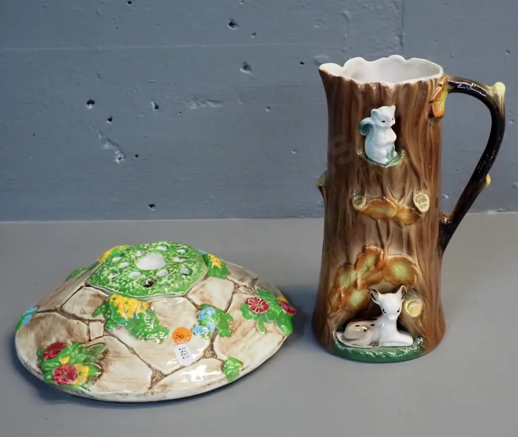 Faclon ware Wishing Well flower vase with frog and a Hornsea forest animal tree trunk jug (some wear & crazing) Image 1++