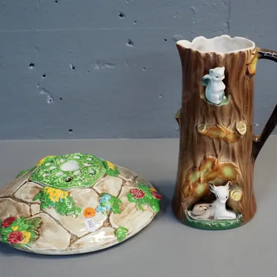 Faclon ware Wishing Well flower vase with frog and a Hornsea forest animal tree trunk jug (some wear & crazing)