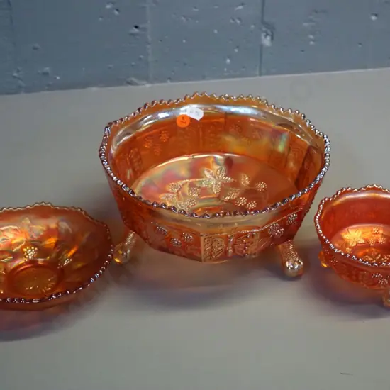 3 marigold colour carnival glass bowls, largest is butterfly pattern footed bowl H-110 D-210