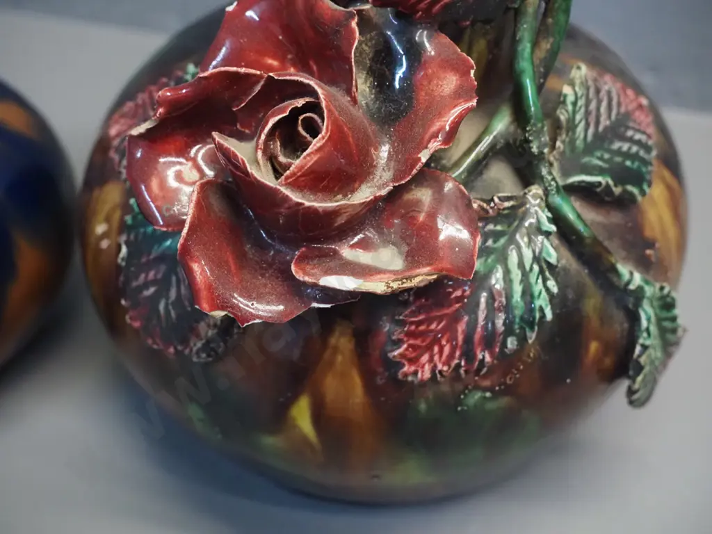 vintage (Milton pottery?) vase - crazing, chips to applique flowers H240 - and a small pot / vase with no maker's marks Image 1++