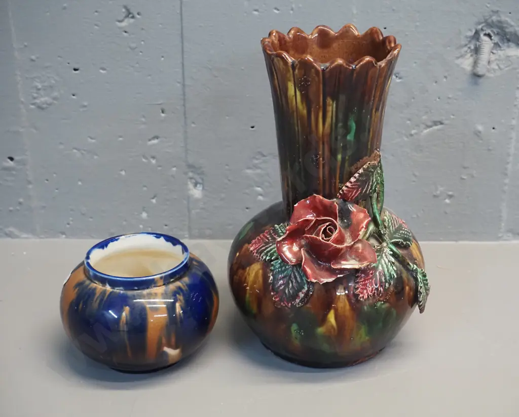 vintage (Milton pottery?) vase - crazing, chips to applique flowers H240 - and a small pot / vase with no maker's marks Image 1++