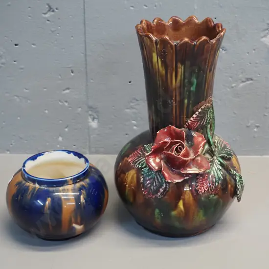 vintage (Milton pottery?) vase - crazing, chips to applique flowers H240 - and a small pot / vase with no maker's marks