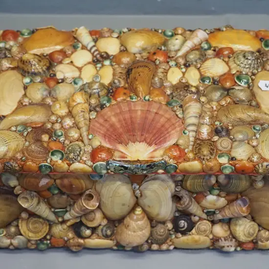 shell-encrusted jewellery or trinket box with hinged lid, red velvet lining H110 W260 D170