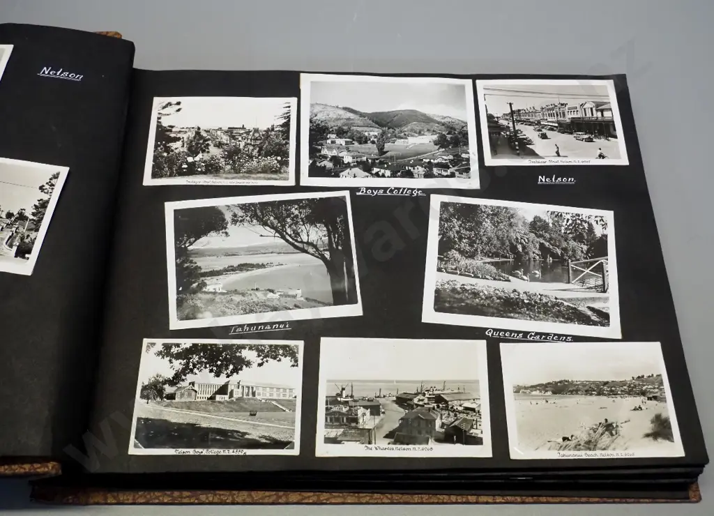 vintage photo album containing photos and postcards - Marlborough, Canterbury, Otago plus family photos - album approx. Image 1++