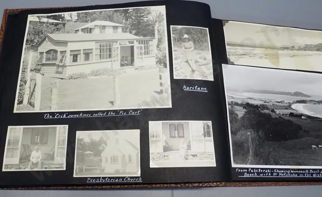 vintage photo album containing photos and postcards - Marlborough, Canterbury, Otago plus family photos - album approx. Image 1++