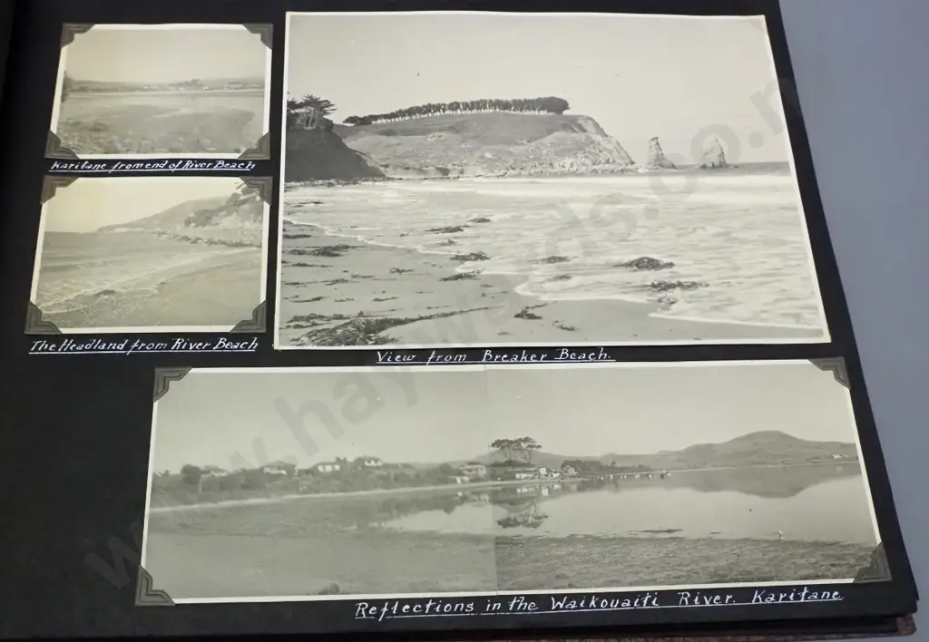vintage photo album containing photos and postcards - Marlborough, Canterbury, Otago plus family photos - album approx. Image 1++