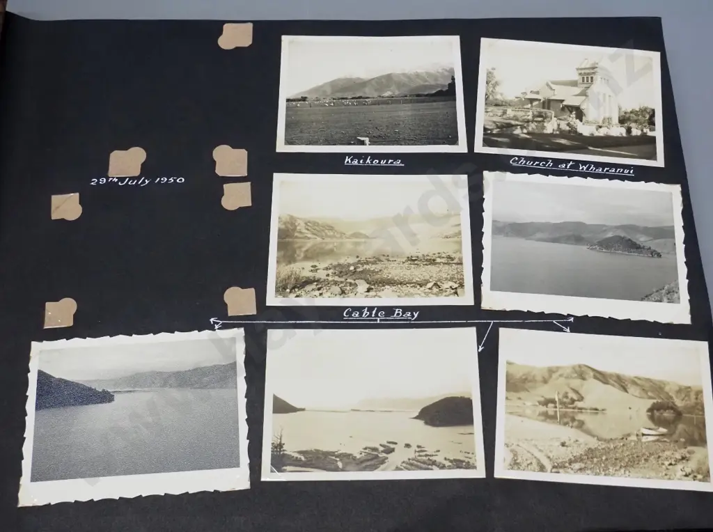 vintage photo album containing photos and postcards - Marlborough, Canterbury, Otago plus family photos - album approx. Image 1++
