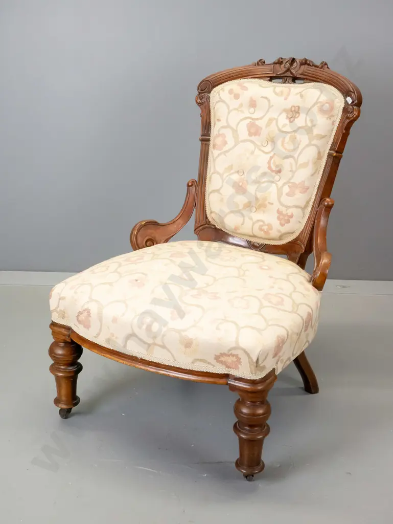 Victorian mahogany carved frame lady's chair with damask fabric - has had top carved detail removed, some damage to Image 1++