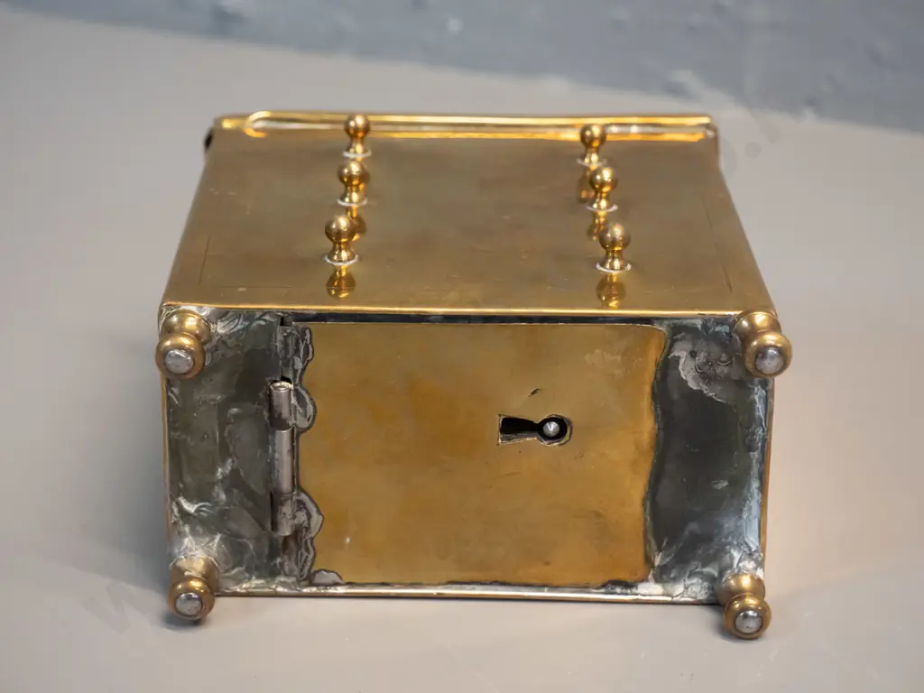vintage brass money box in the shape of a 4-drawer chest, with key H120 W120 D70 & small book on antique money boxes Image 1++