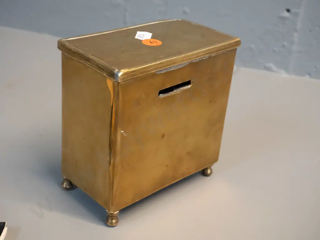 vintage brass money box in the shape of a 4-drawer chest, with key H120 W120 D70 & small book on antique money boxes Image 1++