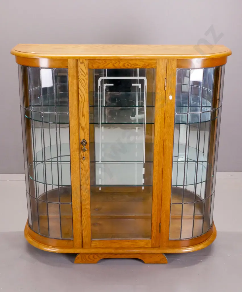 deco oak china cabinet with half-round ends, etched centre door & leadlight side panels, mirrored back, with key Image 1++