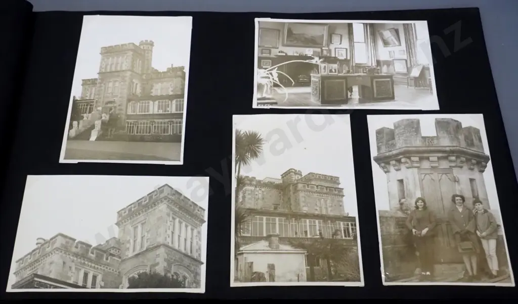 retro photo album with numerous Dunedin photos and postcards, Larnach Castle family photos, etc. - approx. half full Image 1++