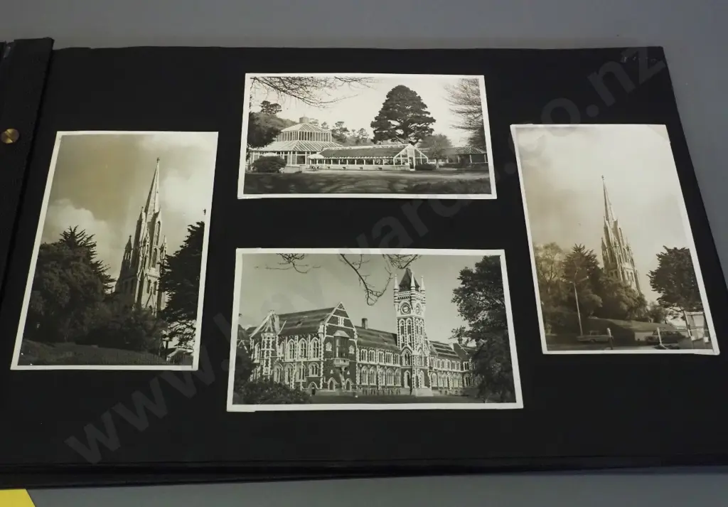 retro photo album with numerous Dunedin photos and postcards, Larnach Castle family photos, etc. - approx. half full Image 1++