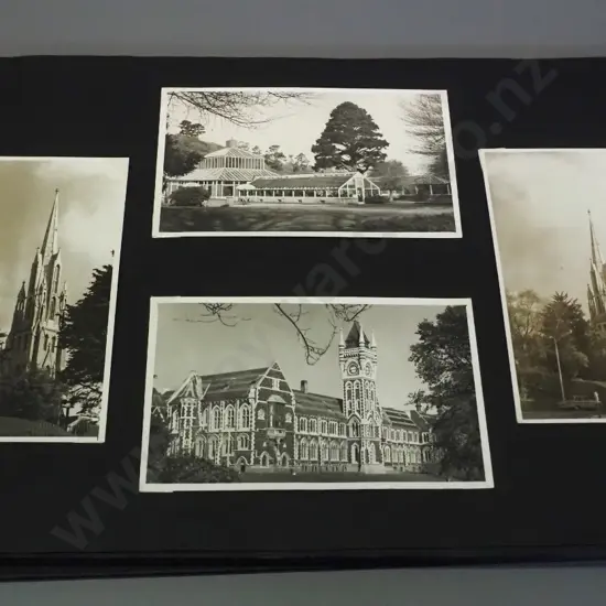 retro photo album with numerous Dunedin photos and postcards, Larnach Castle family photos, etc. - approx. half full