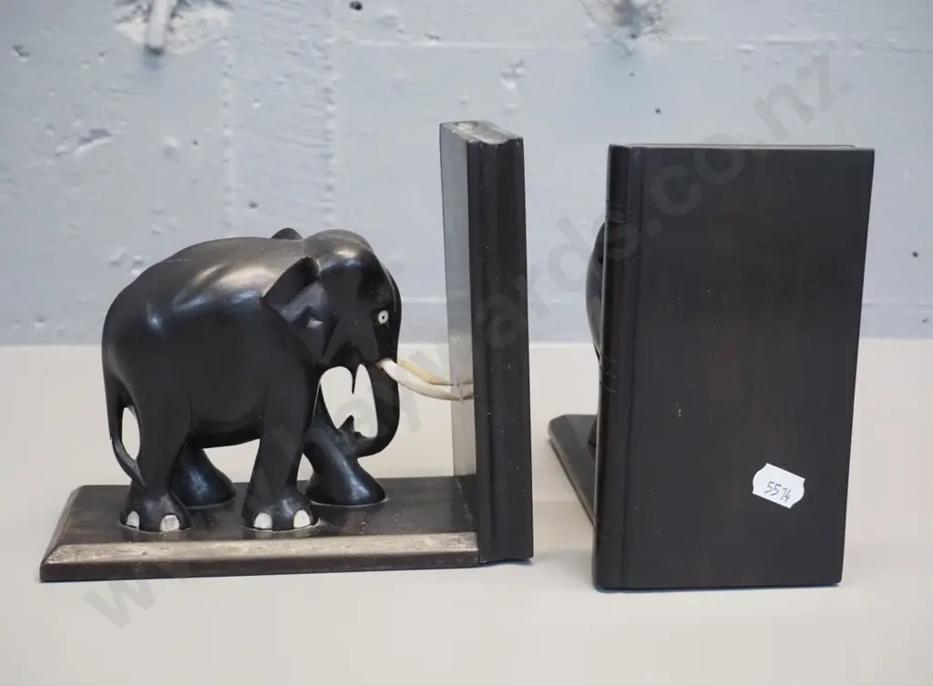 pair of ebonised timber elephant book-ends - one has crack to timber - each H-150 L-170 Image 1++