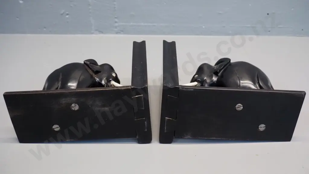 pair of ebonised timber elephant book-ends - one has crack to timber - each H-150 L-170 Image 1++