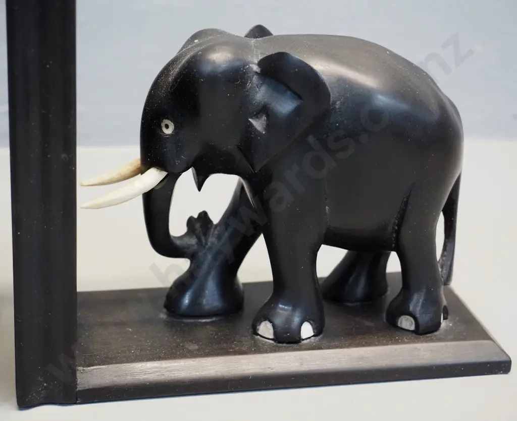 pair of ebonised timber elephant book-ends - one has crack to timber - each H-150 L-170 Image 1++