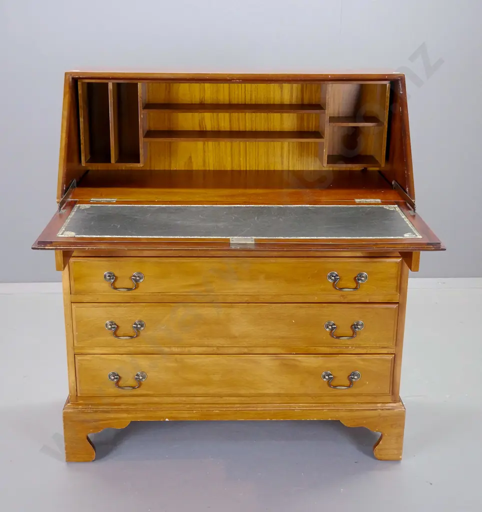 traditional style drop-front writing desk with 4 drawers, brass handles, pigeonholes & tooled leather inset - polish Image 1++