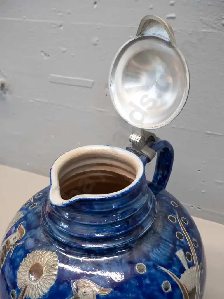 retro German Wim Muhlendyck lidded stoneware pitcher with pewter lid H-260 W-230 Image 1++