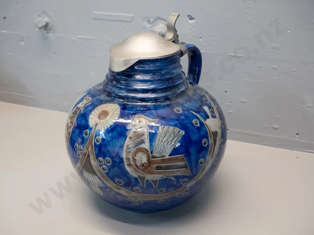 retro German Wim Muhlendyck lidded stoneware pitcher with pewter lid H-260 W-230 Image 1++