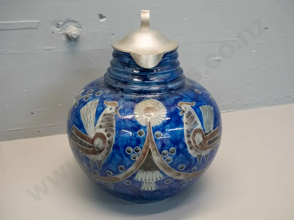 retro German Wim Muhlendyck lidded stoneware pitcher with pewter lid H-260 W-230 Image 1++