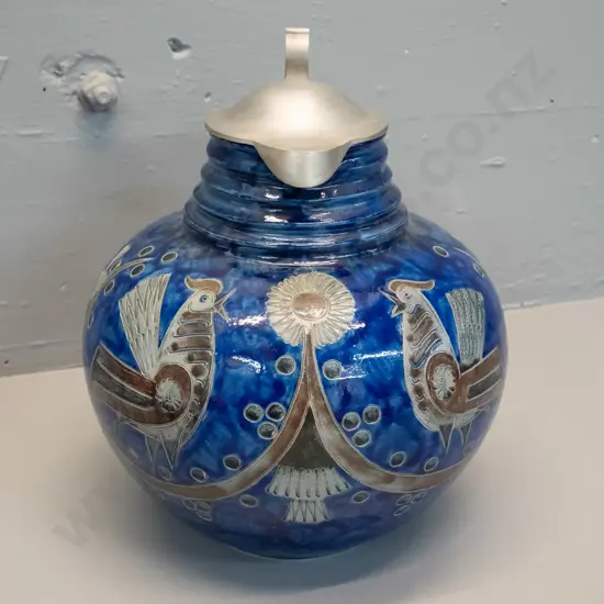 retro German Wim Muhlendyck lidded stoneware pitcher with pewter lid H-260 W-230