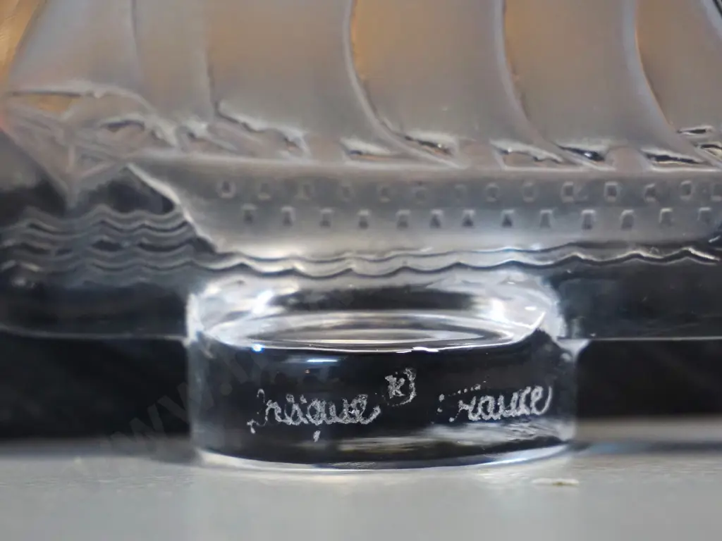 Lalique glass poppy themed candle holder H-80 D-130 and a small moulded and etched sailing ship ornament - unknown Image 1++