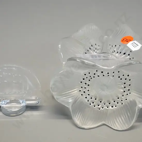 Lalique glass poppy themed candle holder H-80 D-130 and a small moulded and etched sailing ship ornament - unknown