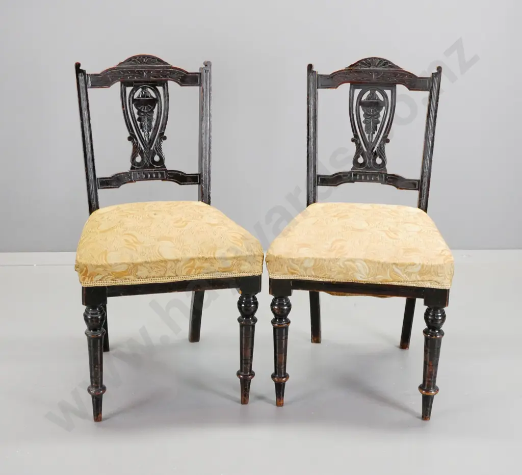 pair of Edwardian dark-stained timber dining chairs w/gold patterned brocade - marks to polish & fabric H880 W460 D420 Image 1++